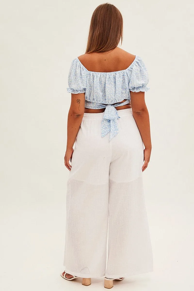White Wide Leg Pants High Rise Cotton Outdoor Comfort