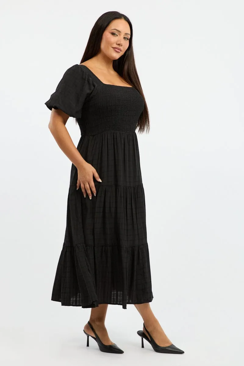 Field Glow Black Midi Dress Short Sleeve Shirred