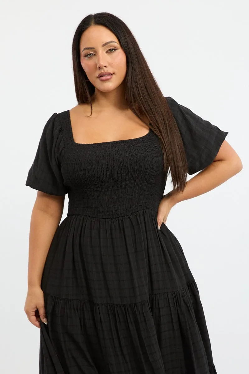 Black Midi Dress Short Sleeve Shirred Urban Ethnic Light Dance