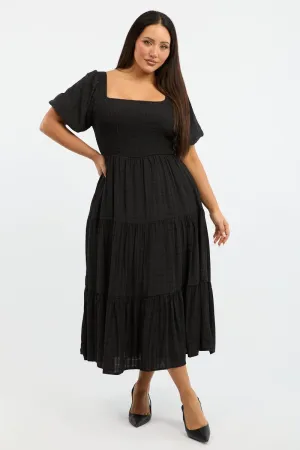 Relaxed fit knee-length piece Black Midi Dress Short Sleeve Shirred