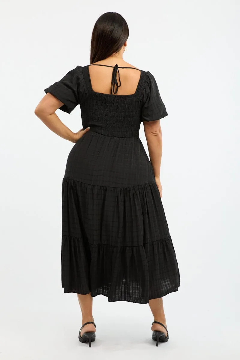 Polished Comfort Black Midi Dress Short Sleeve Shirred