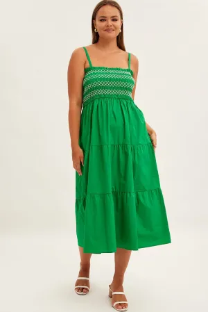 Day to Night Design Sun shield Green Strap Tiered Maxi Dress Smocked