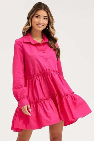 SkinFriendlyElastic EcoConscious Production Pink Shirt Dress Long Sleeve Mini