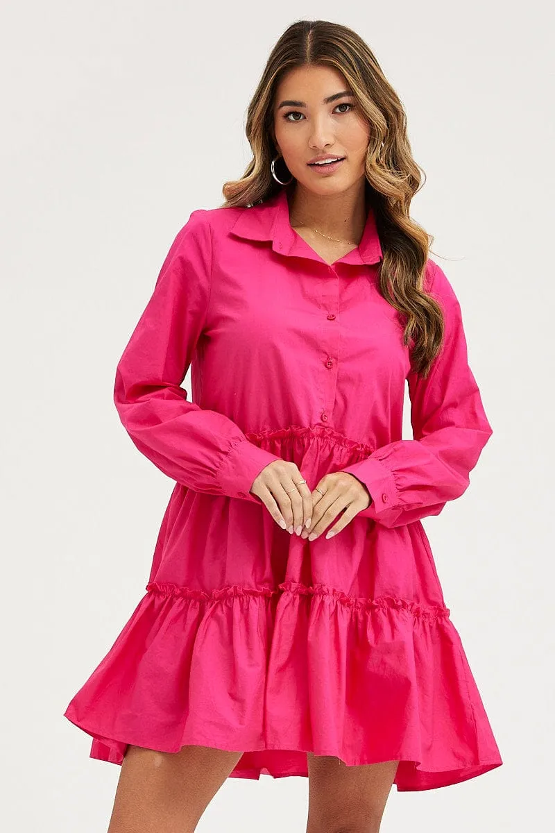 Breathable fabric Aerated Seam Placement Pink Shirt Dress Long Sleeve Mini