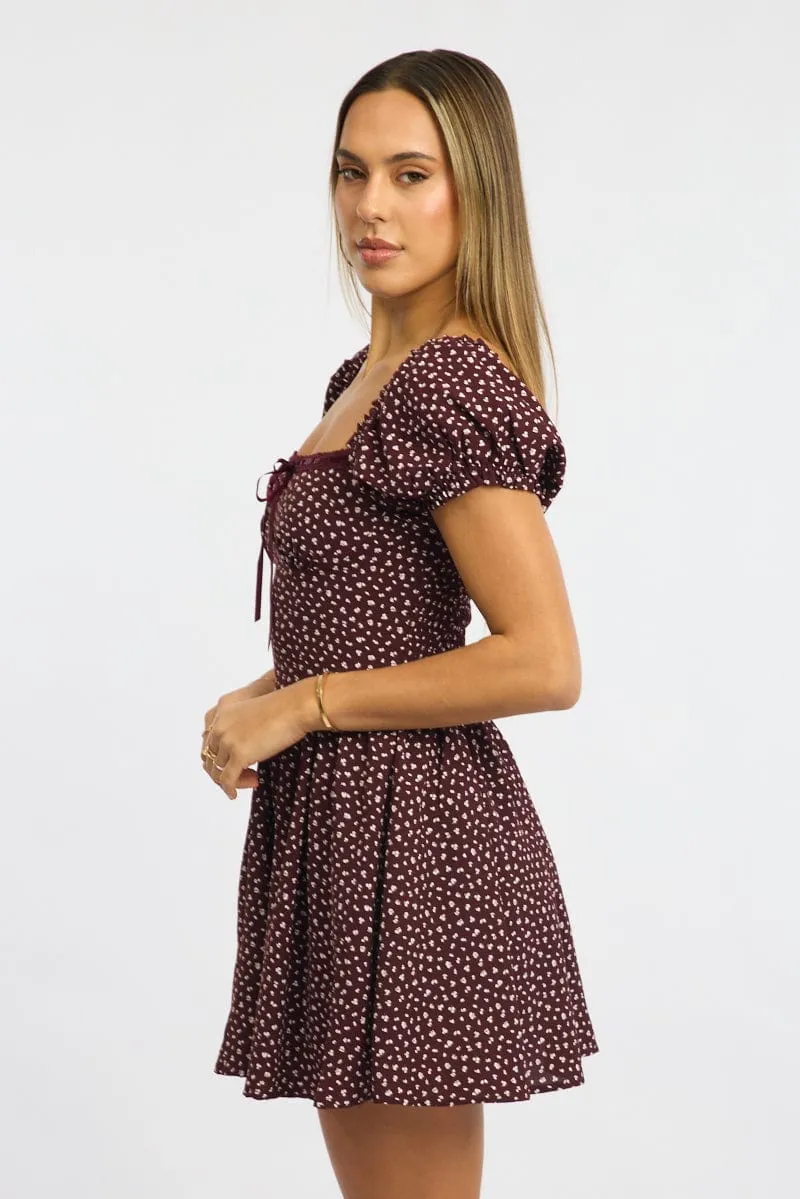 FastDrying Inner Layer Red Ditsy Fit And Flare Dress Puff Sleeve