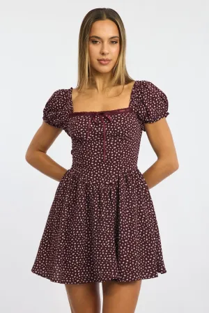 Brave Mode Red Ditsy Fit And Flare Dress Puff Sleeve