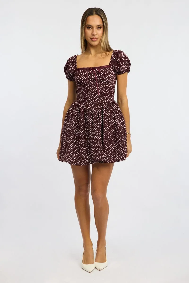 Red Ditsy Fit And Flare Dress Puff Sleeve AirflowOptimized