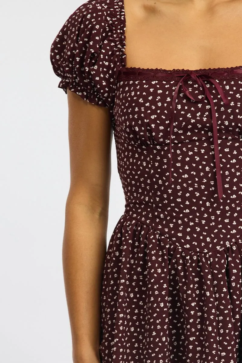 Red Ditsy Fit And Flare Dress Puff Sleeve Premium Apparel Hidden pockets