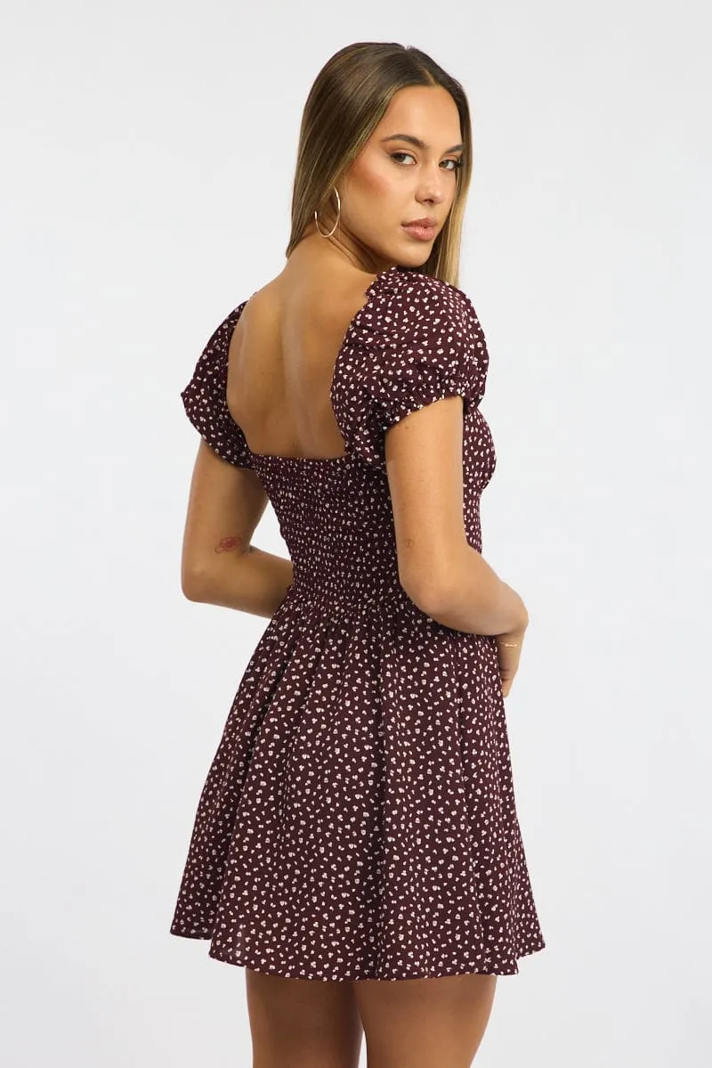 Red Ditsy Fit And Flare Dress Puff Sleeve Wonder Core Comfort Fit