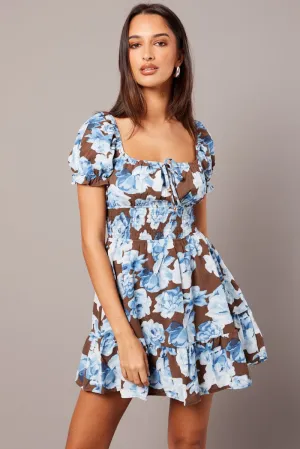 Teacher Chic Multi Floral Fit And Flare Dress Puff Sleeve Mini Floral print