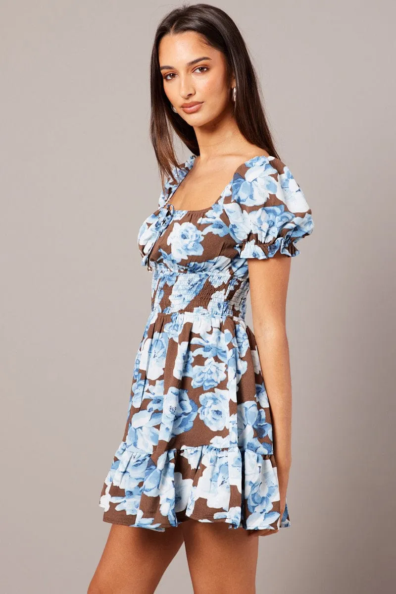 Beach Ready Multi Floral Fit And Flare Dress Puff Sleeve Mini Floral print