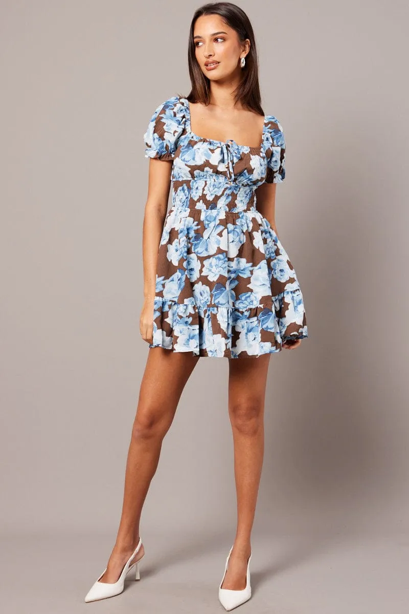 Multi Floral Fit And Flare Dress Puff Sleeve Mini Floral print Cold Weather Street Wear