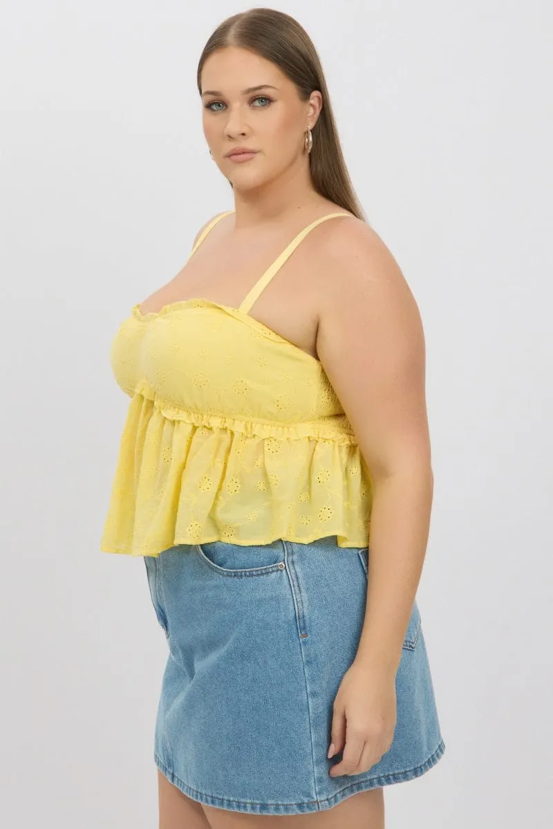 Weather resistant Yellow Broderie Cami Top Ruched Bust