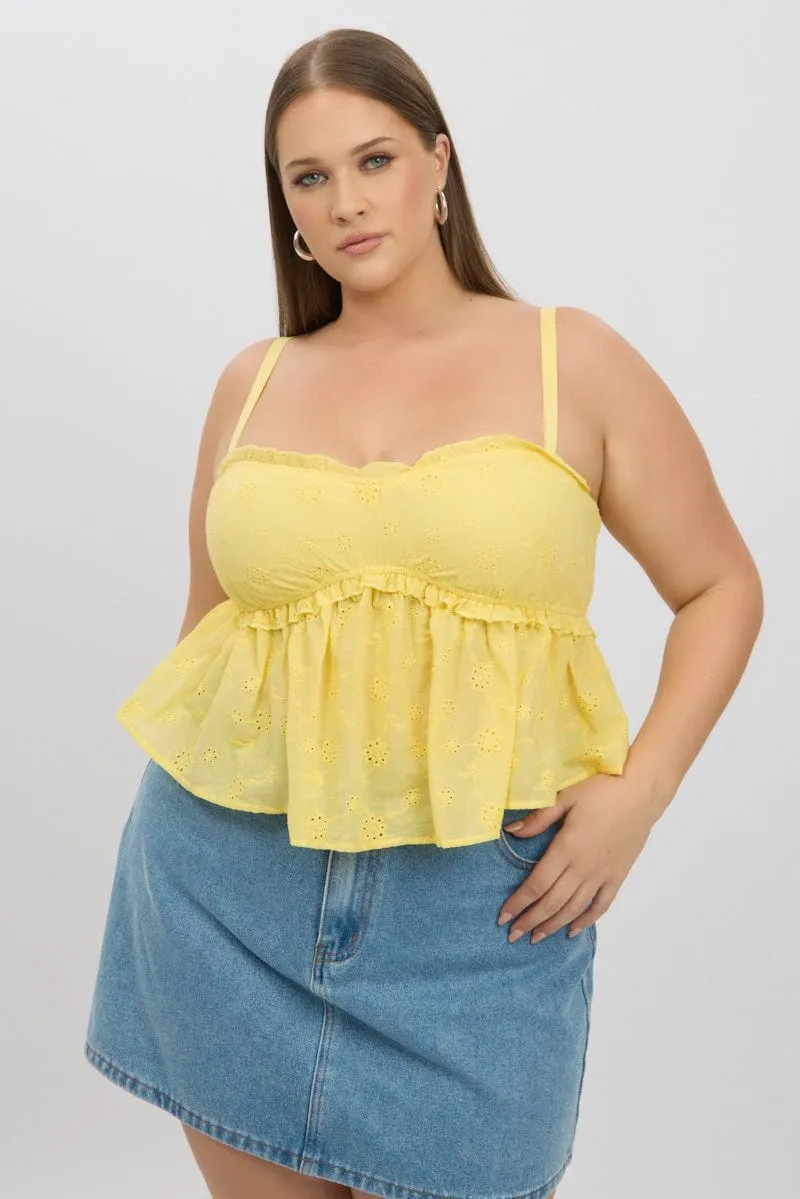 Breathable Lamination Yellow Broderie Cami Top Ruched Bust