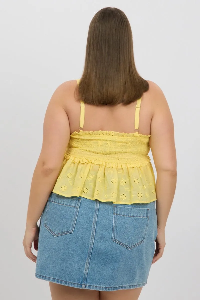 Yellow Broderie Cami Top Ruched Bust HypoallergenicMaterial Sheer Glow