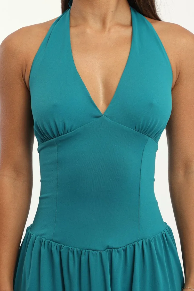 Fashionable short dress for events Green Halter Neck Mini Dress