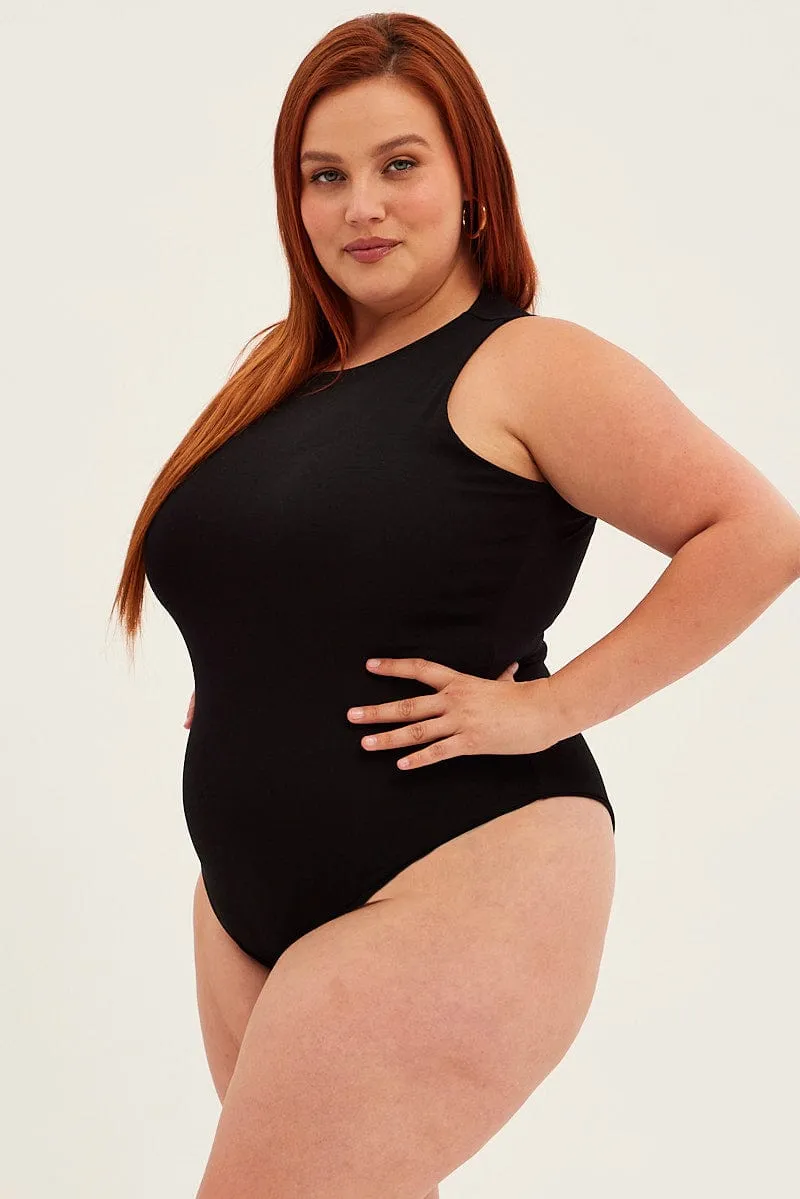 NoSlipWaistband Black Bodysuit Sleeveless Crew Neck