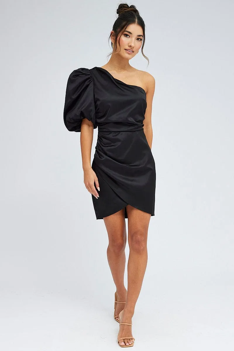 Black One Shoulder Puff Sleeve Statement Dress SheerLayeredPanels Future Glow