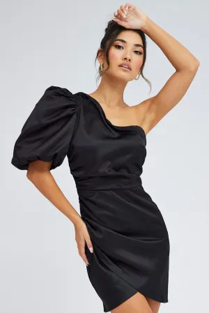 Black One Shoulder Puff Sleeve Statement Dress Permanent Crease Chic Design