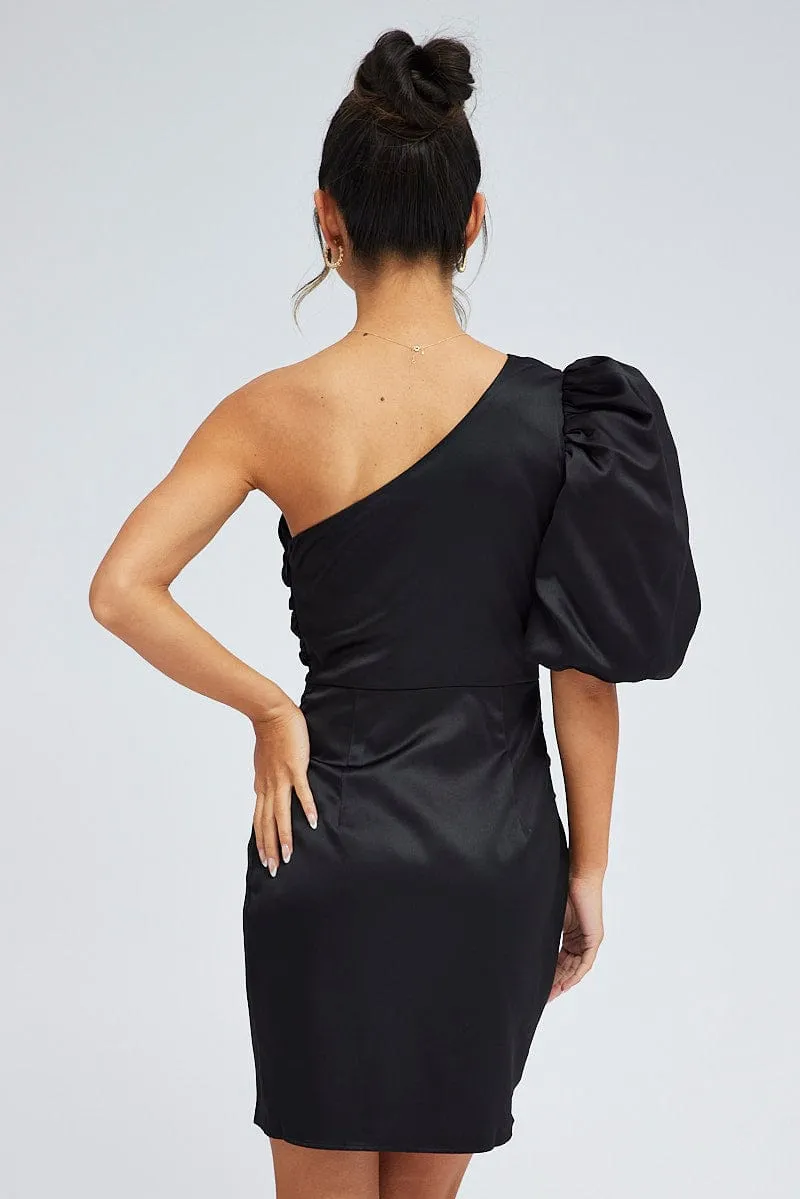 Brunch Fit Street Fest Black One Shoulder Puff Sleeve Statement Dress