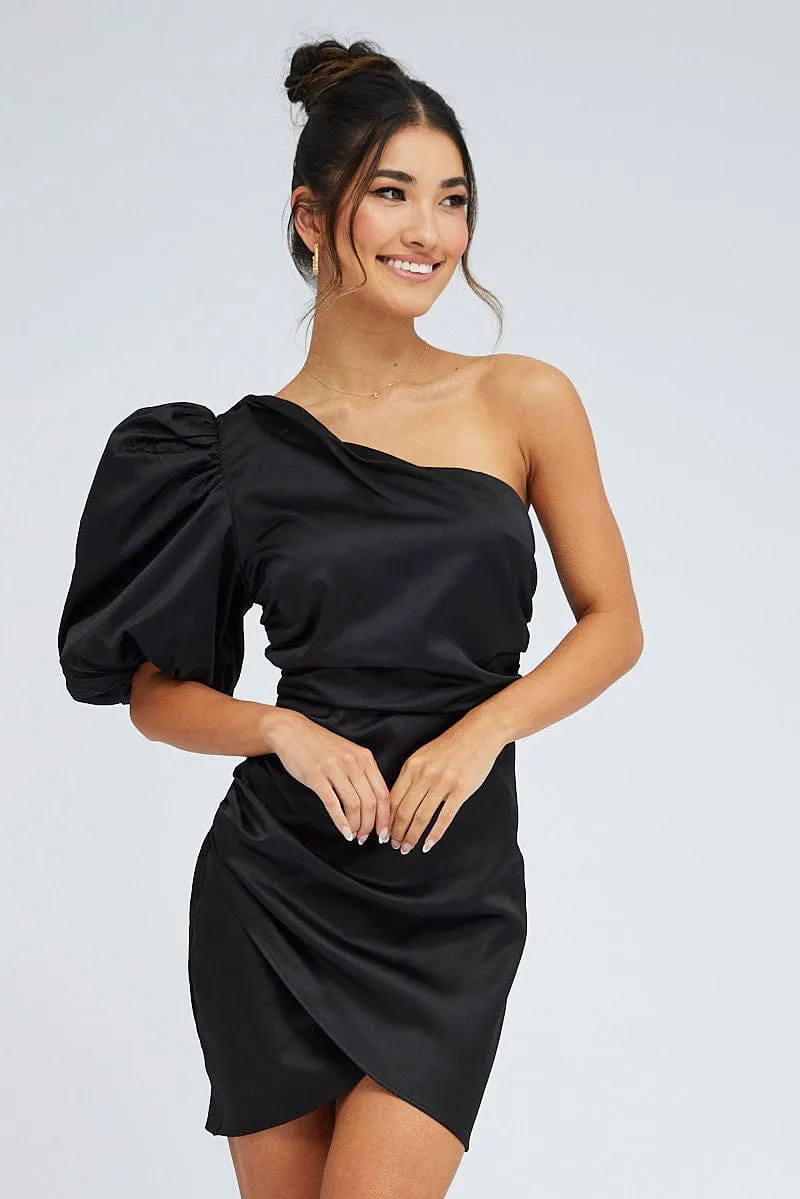 Weekend Wear Green Soul Black One Shoulder Puff Sleeve Statement Dress