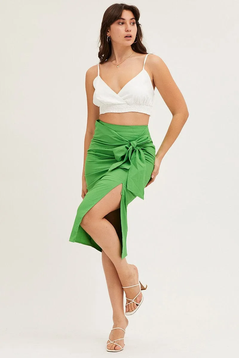 Green Front Tie Midi Skirt Sustainable Fabric Luxury Finish
