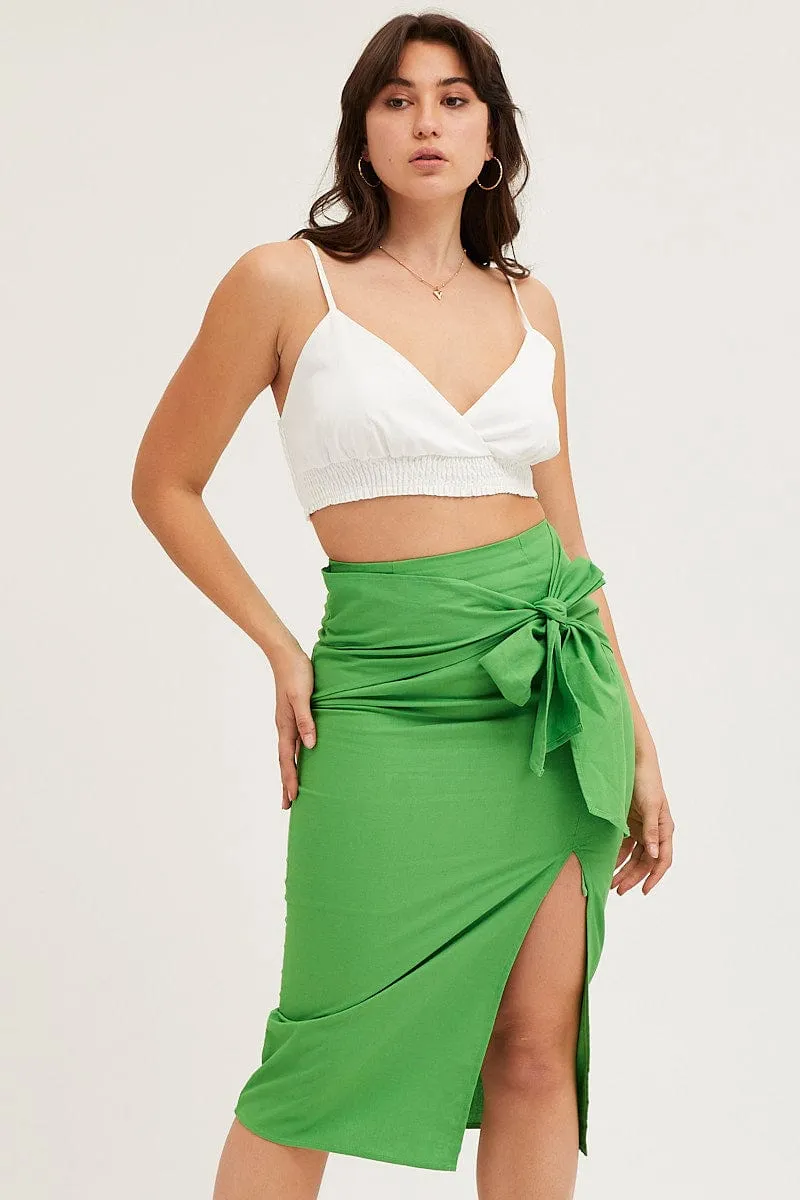 Simple Style Striped Design Green Front Tie Midi Skirt
