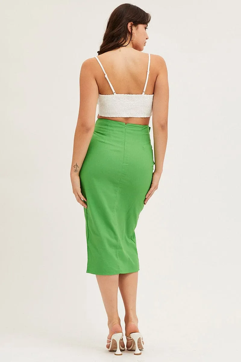 Green Front Tie Midi Skirt Embossed Detail