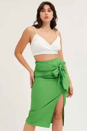 Simple Style Striped Design Green Front Tie Midi Skirt