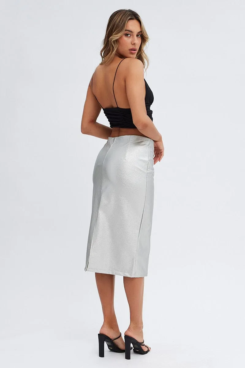 Iconic Style Metallic Midi Skirt Low Rise Lace Up Front Faux Leather PU