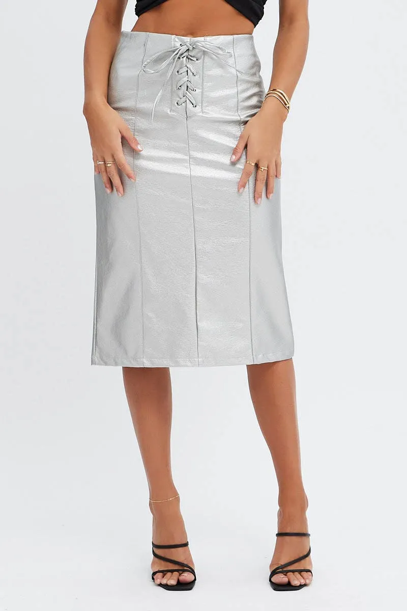 Limited Edition Metallic Midi Skirt Low Rise Lace Up Front Faux Leather PU