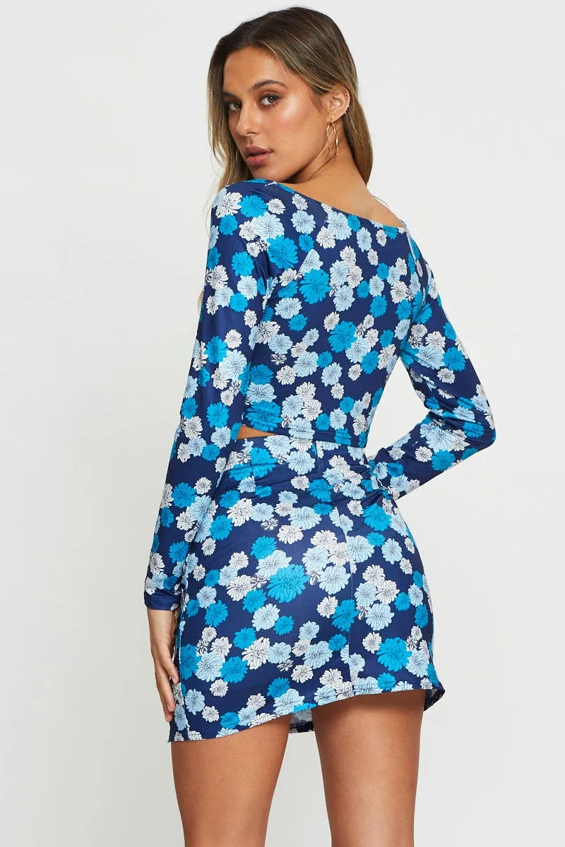 Pleated Construction Print Mini Skirt Side Split