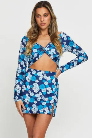 Print Mini Skirt Side Split Layered Hem