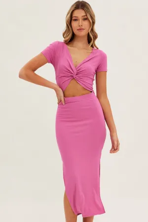 Casual Vibe ZeroRestrictionMobility Pink Bodycon Dress Rib Twist Front Cut Out Short Sleeve