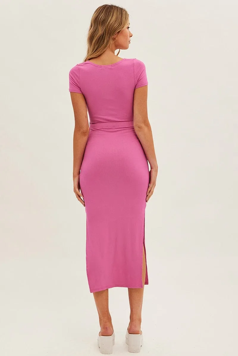 Pink Bodycon Dress Rib Twist Front Cut Out Short Sleeve Water Soul