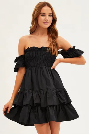 CompressionKnit Sporty Design Black Off Shoulder Dress Tiered Ruched Bodice