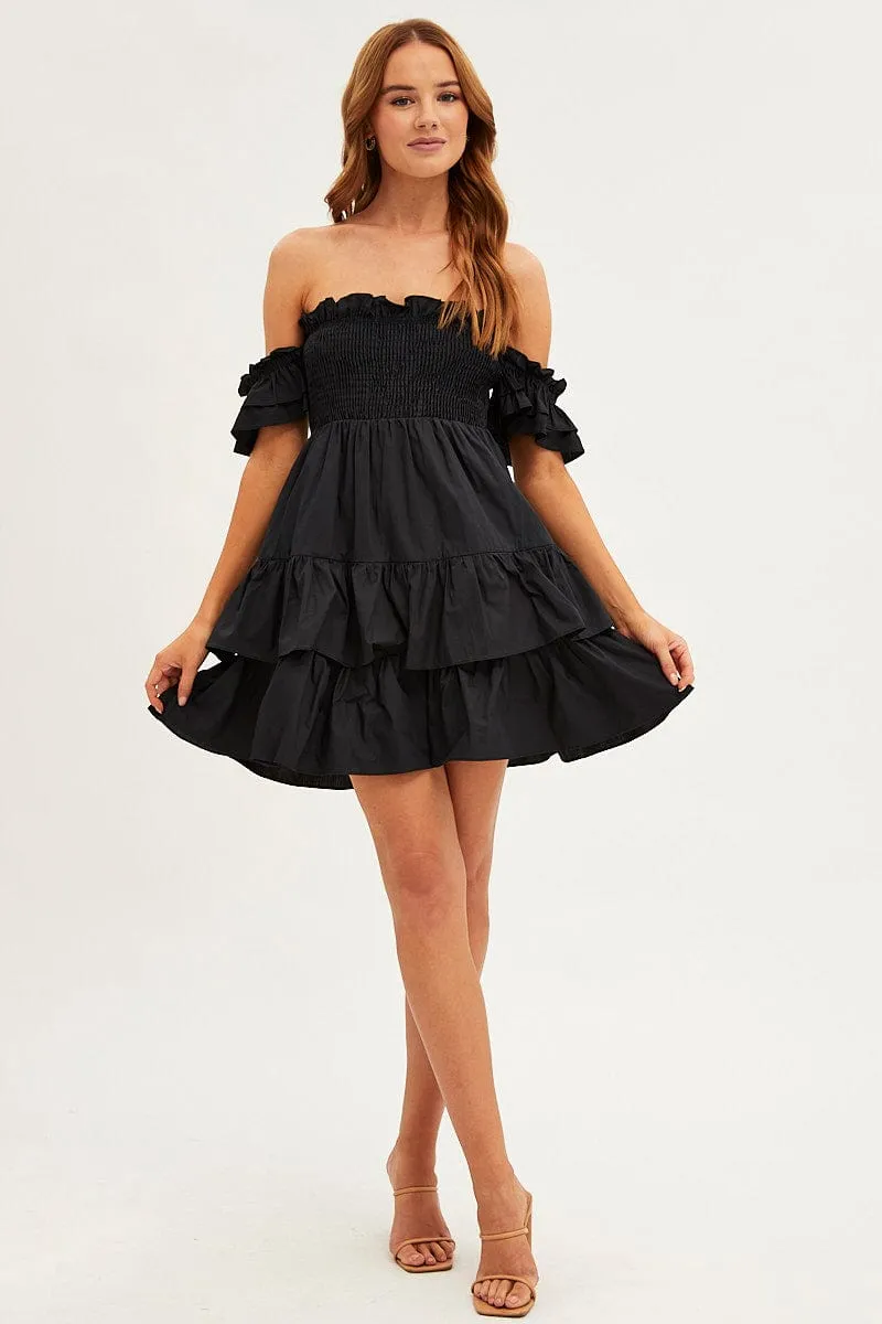 Black Off Shoulder Dress Tiered Ruched Bodice Casual Sweater