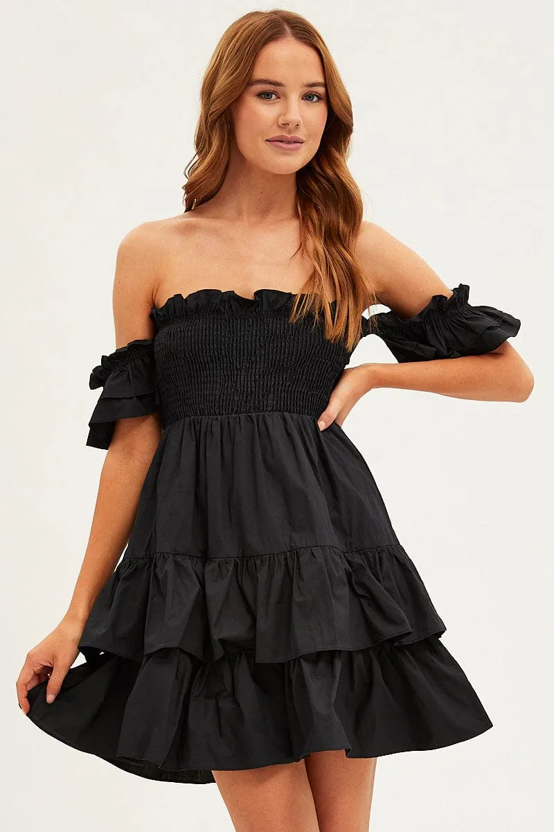 CompressionKnit Sporty Design Black Off Shoulder Dress Tiered Ruched Bodice