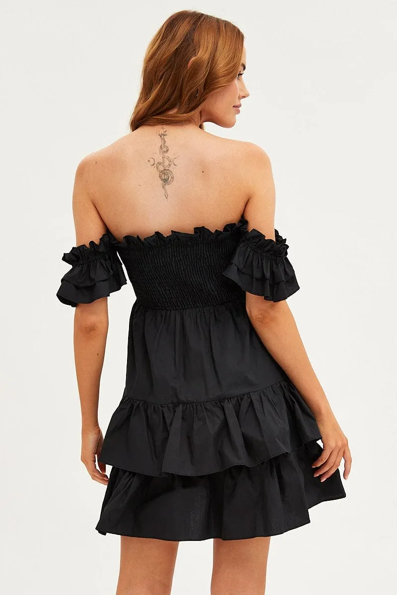 Stylish Jeans High-Waisted Pants Black Off Shoulder Dress Tiered Ruched Bodice