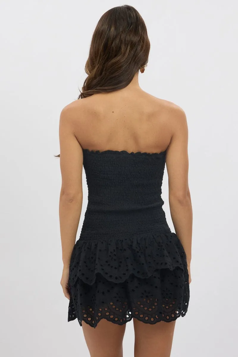 Casual Wear Black Strapless Dress Shirred Body Mini