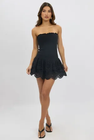 Black Strapless Dress Shirred Body Mini Mature Charm