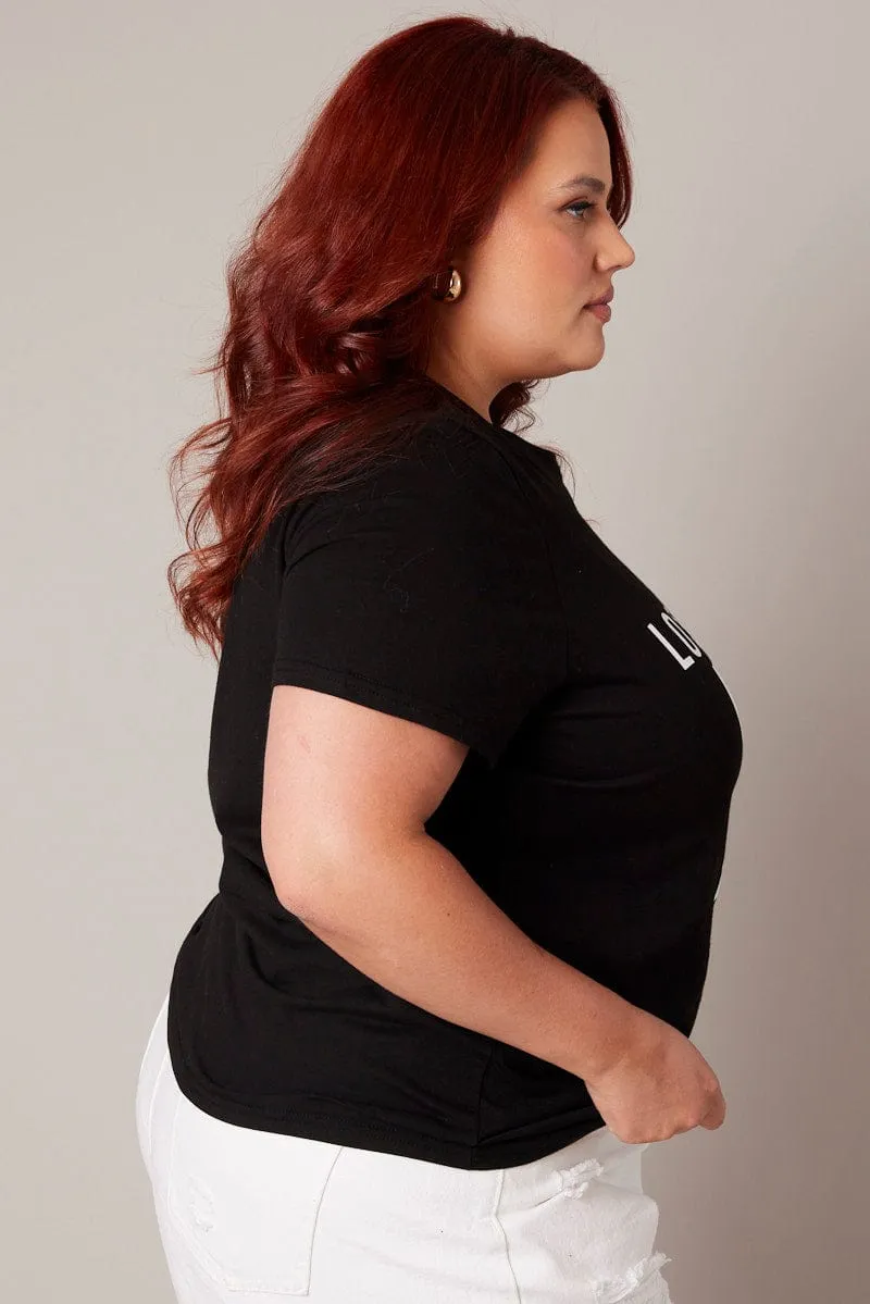 Sporty and Cool Black Graphic T-shirt Short Sleeve Crew Neck