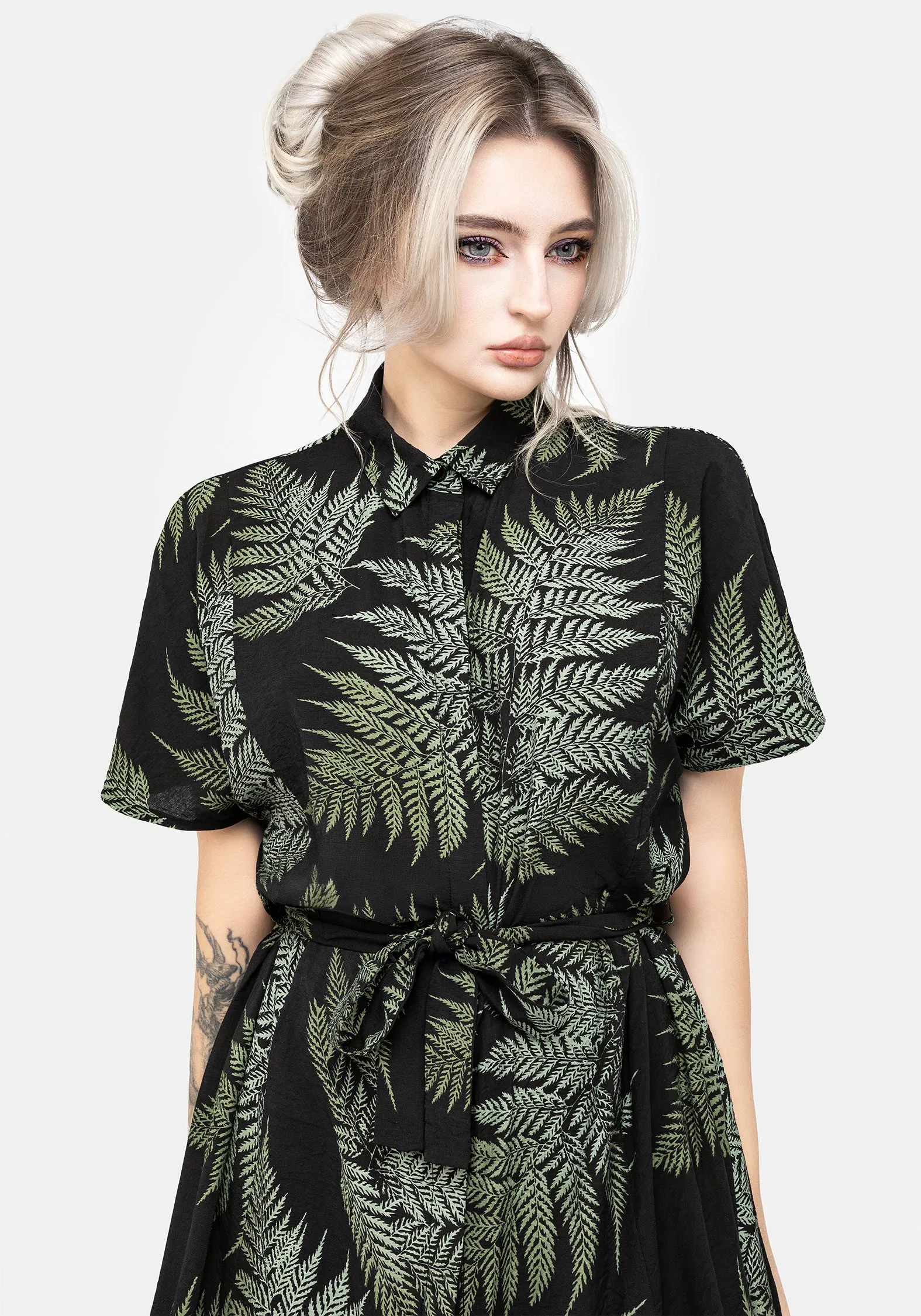 Fern Midi Shirt Dress Form Hugging Wood Deck