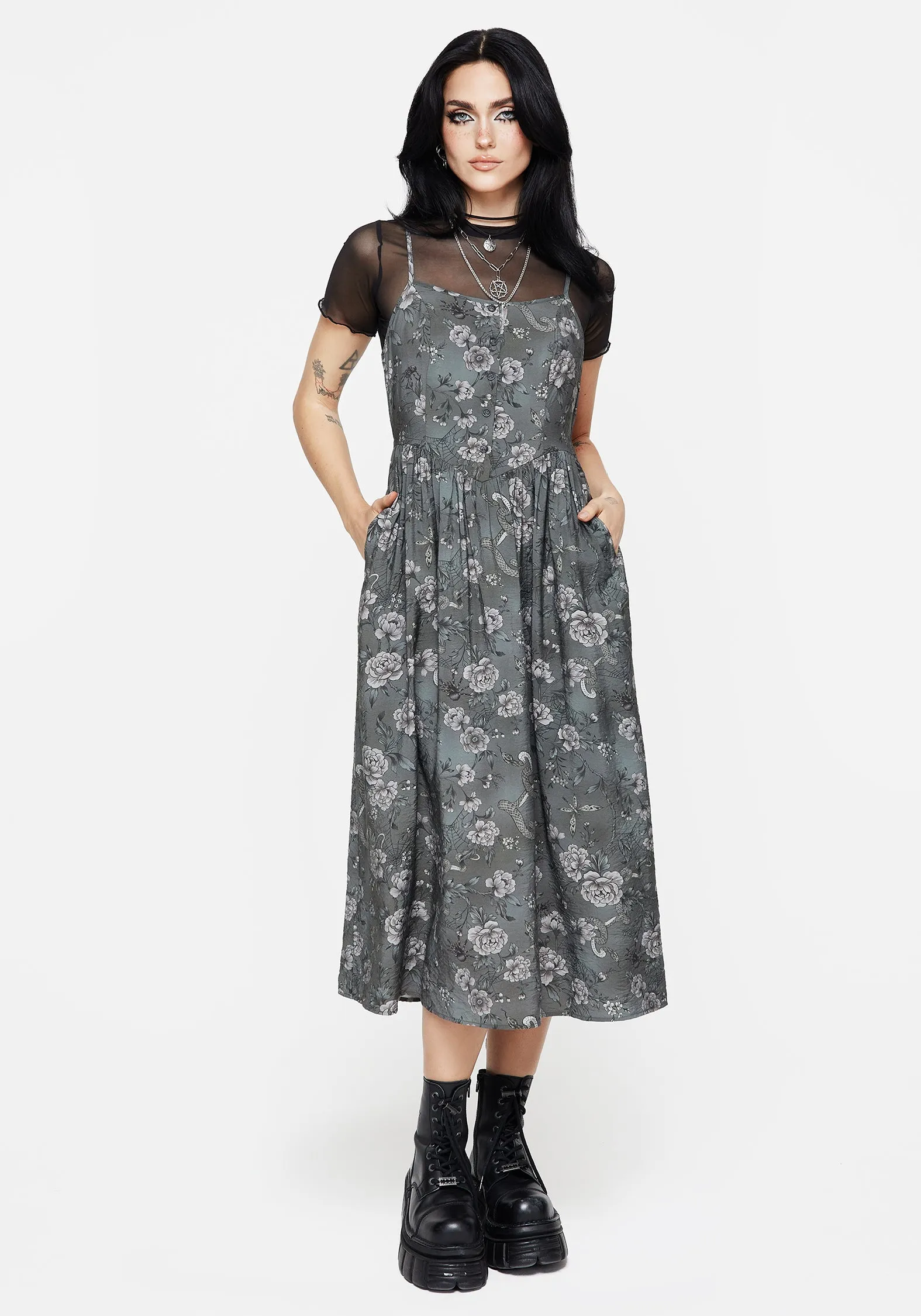Meadow Floral Serpent Print Cami Midi Dress Midi dress with waist tie