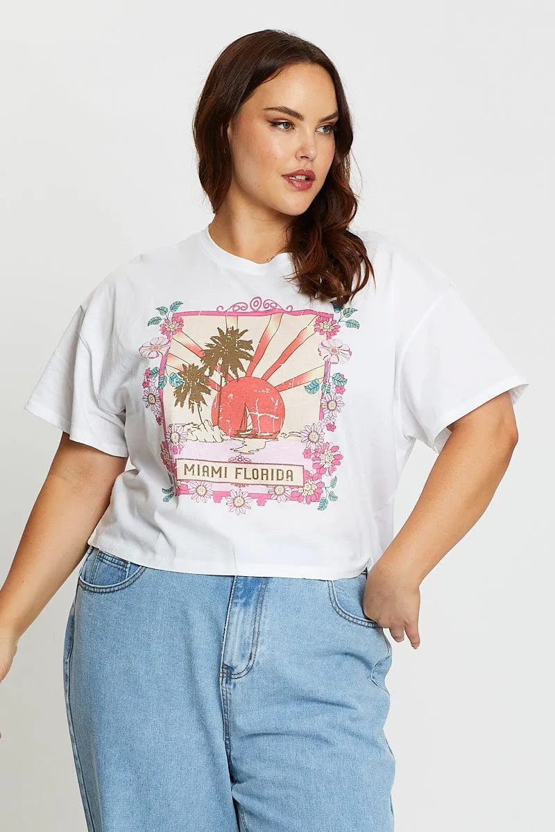 Wrinkle Resistant Finish Functional Look White Short Sleeve Miami White Semi Crop T-shirt