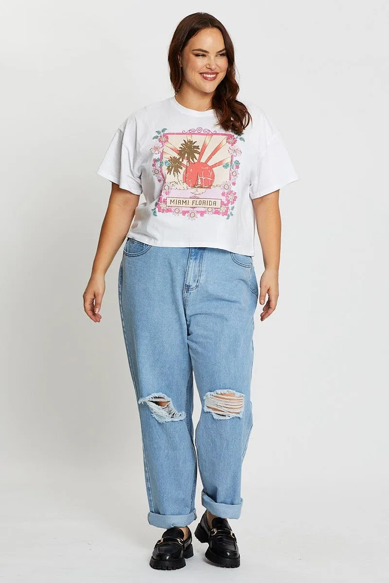 White Short Sleeve Miami White Semi Crop T-shirt Essential Layer Cozy Layering