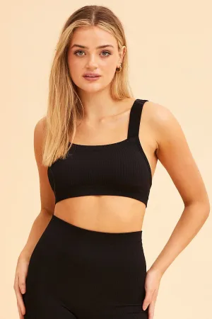 Black Nico Seamless Rib Straight Neck Crop Top AbrasionResistant HiddenZipperClosure