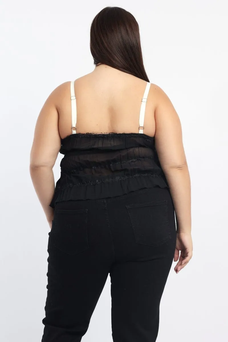 Black Cami Top Textured Contrast Ribbon Dance Light