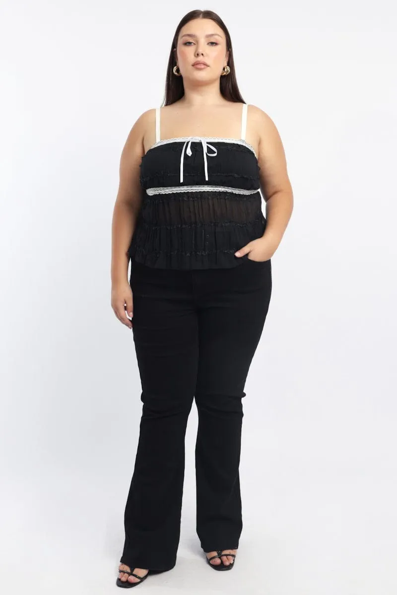 Black Cami Top Textured Contrast Ribbon Sprint Fit