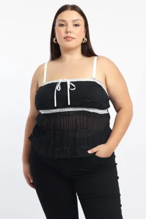 Black Cami Top Textured Contrast Ribbon Cozy Sweater Seamless construction